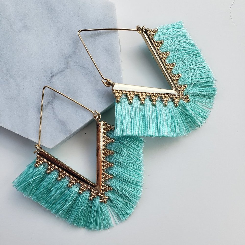 NWT V-Shape Tassel Aqua Gold Hoop Earrings